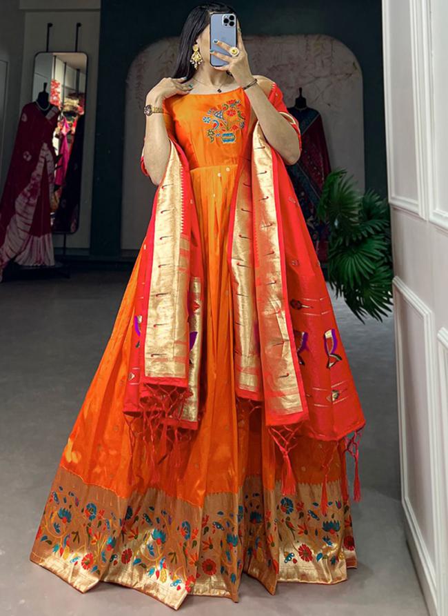 Jacquard Silk Orange Festival Wear Weaving  Readymade Gown With Dupatta